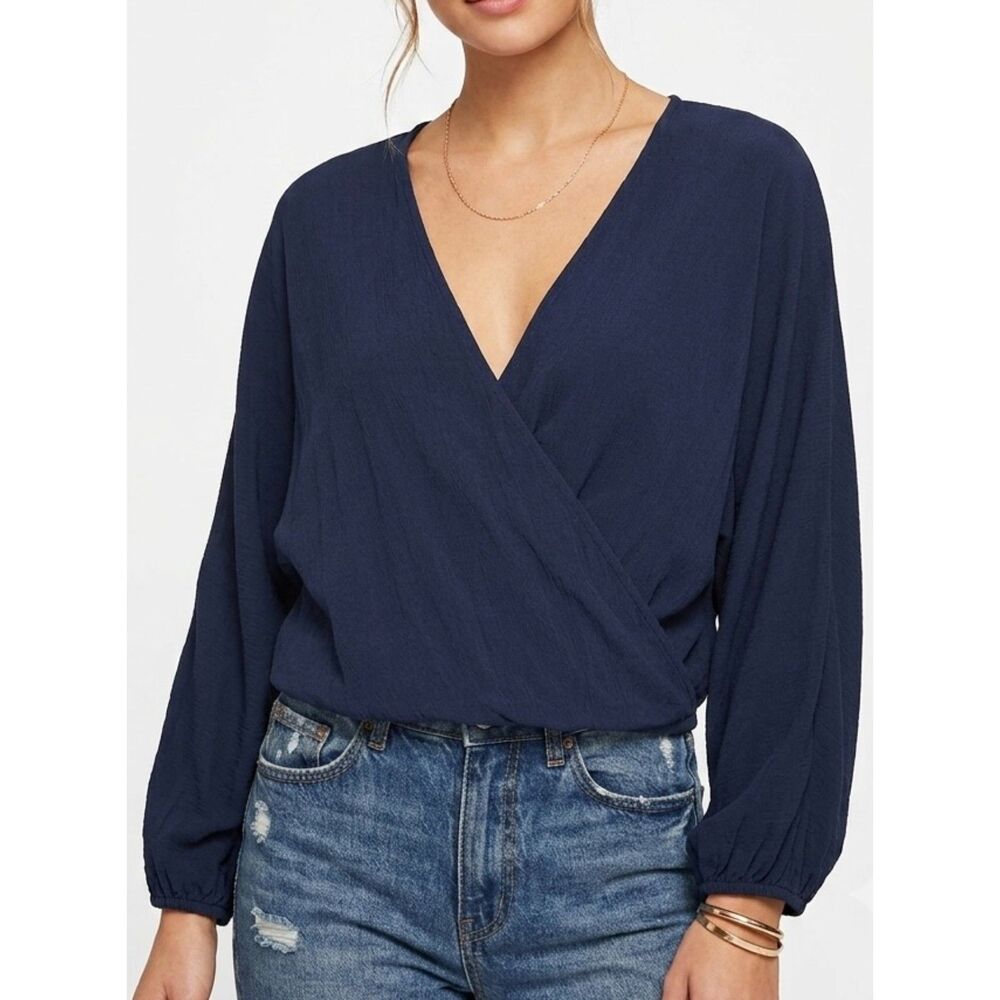 Crinkle Gauze Wrap Audrey 3+1 Navy Bell Sleeve Crop Top Size S Small